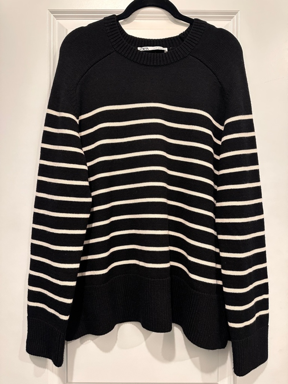 Zara Black & Cream Striped Scoop-Neck Sweater